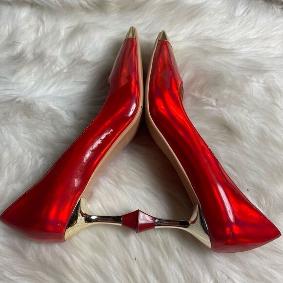 Findvell synthetic patent Red and gold square toe slip on kitten gold heels, SZ9 - Picture 6 of 8
